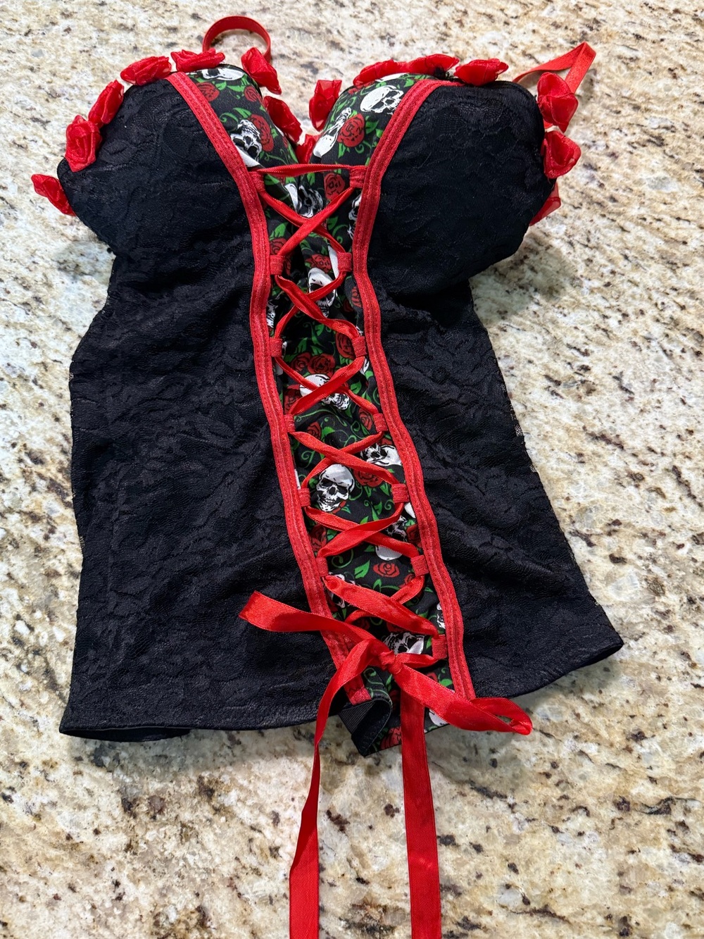Sexy Gothic Punk Skull and Lace Criss Cross Tie Front Corset Spirit Halloween L